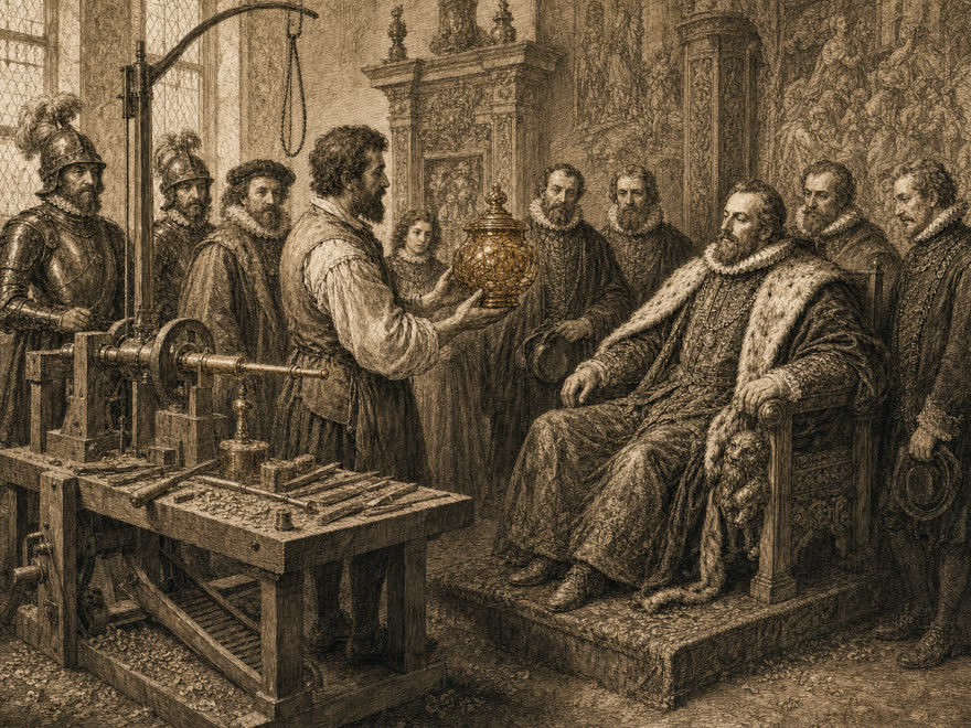 Hofbernsteindreher überreicht Herzog Albrecht von Preußen ein gedrechseltes Bernstein-Gefäß, Königsberg um 1570, digitale Illustration im Kupferstich-Stil