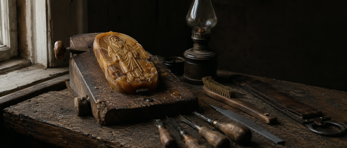 Königsberg amber master at the workbench, period studio reconstruction with raking light on amber blocks, hand tools and a partially worked cabinet piece.