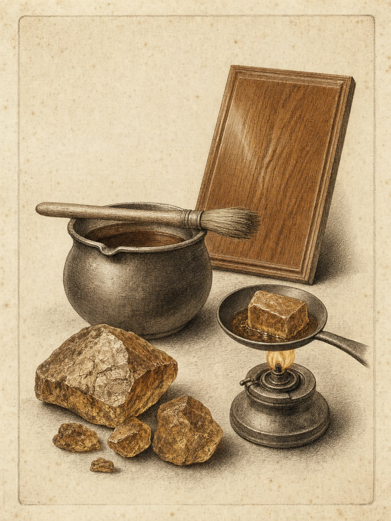 Stich-Tafel Bernsteinlack: Lacktopf mit Pinsel, Rohbernstein, Schmelzlöffel und lackiertes Holzpaneel