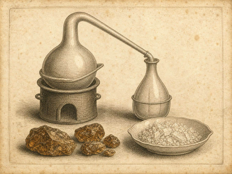 Apotheker-Stich-Tafel Bernsteinsäure: Sublimations-/Destillationsapparat, weiße Kristalle und Rohbernstein