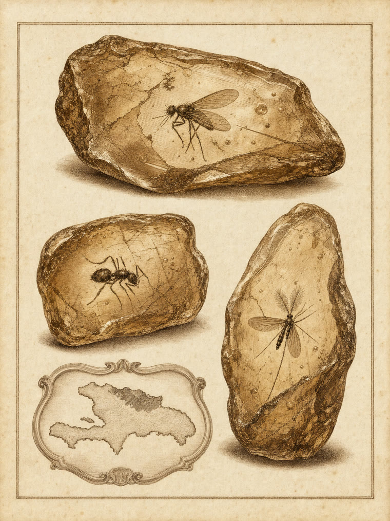 Stich-Tafel Dominikanischer Bernstein: durchscheinende Stücke mit Insekten-Einschlüssen und Hispaniola-Kartusche