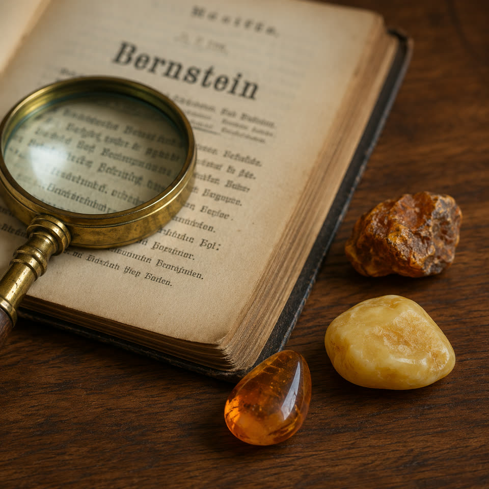 Antikes deutsches Bernstein-Nachschlagewerk aufgeschlagen mit Frakturschrift-Titel „Bernstein“, daneben antike Messinglupe und drei Bernstein-Studienproben (klar-cognac, milchig-butterscotch, rauhes Rohstück) auf warmem Walnussholz-Schreibtisch