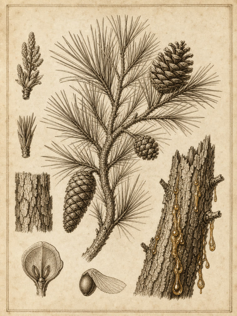 Botanische Stich-Tafel im Stil des 19. Jahrhunderts: ein harzender Nadelbaum mit Zweig, Zapfen, Rindendetail und an Stamm und Ast austretenden Bernstein-Harztropfen