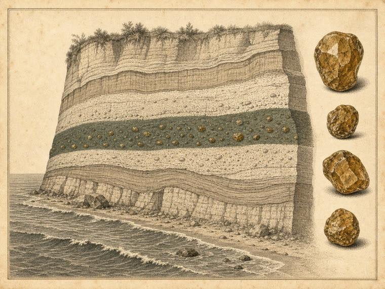 Schematischer Küsten-Schichtschnitt des Samlands: Sandschichten über und unter der grünlichen glaukonitischen Blauen Erde, der bernsteinführenden Schicht, mit eingebetteten Bernsteinknollen und Detail-Vignetten