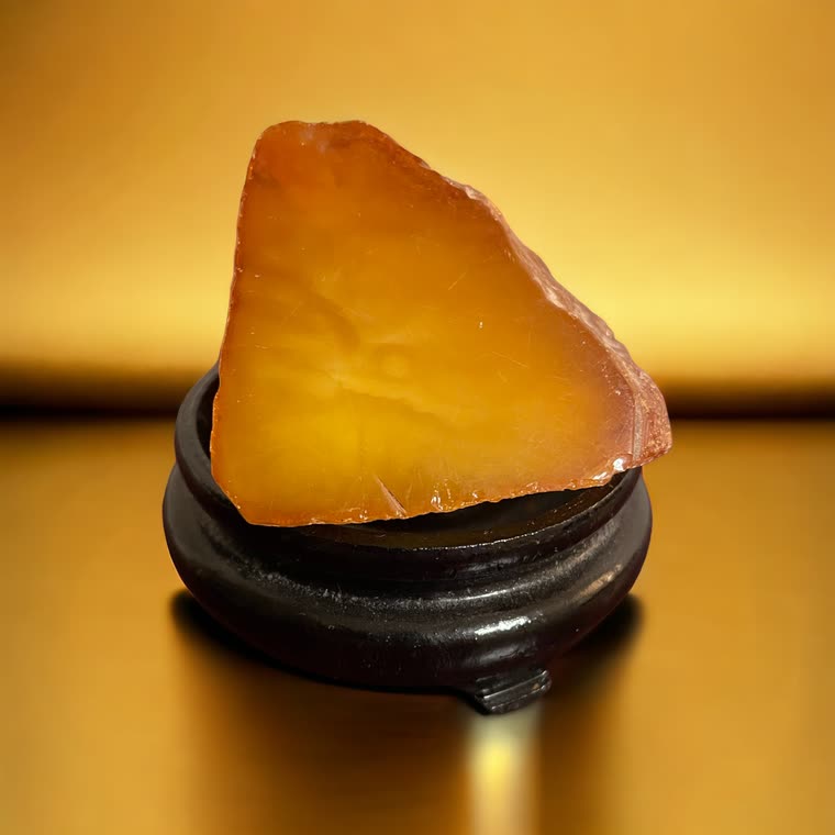 Großes baltisches Succinit-Spitzenstück in Cognac-Honig auf chinesischem Holzsockel präsentiert, vor goldenem Hintergrund, Sammler-Ausstellungs-Stil mit warmer Lichtstimmung