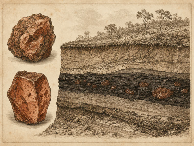 Geologische Stich-Tafel Sumatra-Bernstein: Braunkohle-Flöz mit eingebetteten rötlichen Bernsteinstücken
