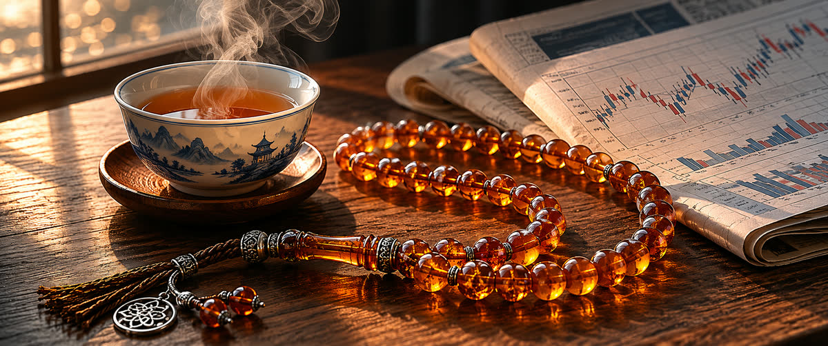 Honig-baltische Tasbih-Gebetskette neben chinesischer Porzellan-Teetasse mit aufsteigendem Dampf, darüber eine gefaltete Zeitungsseite mit Marktkurven, Sinnbild der asiatischen Bernstein-Nachfrage
