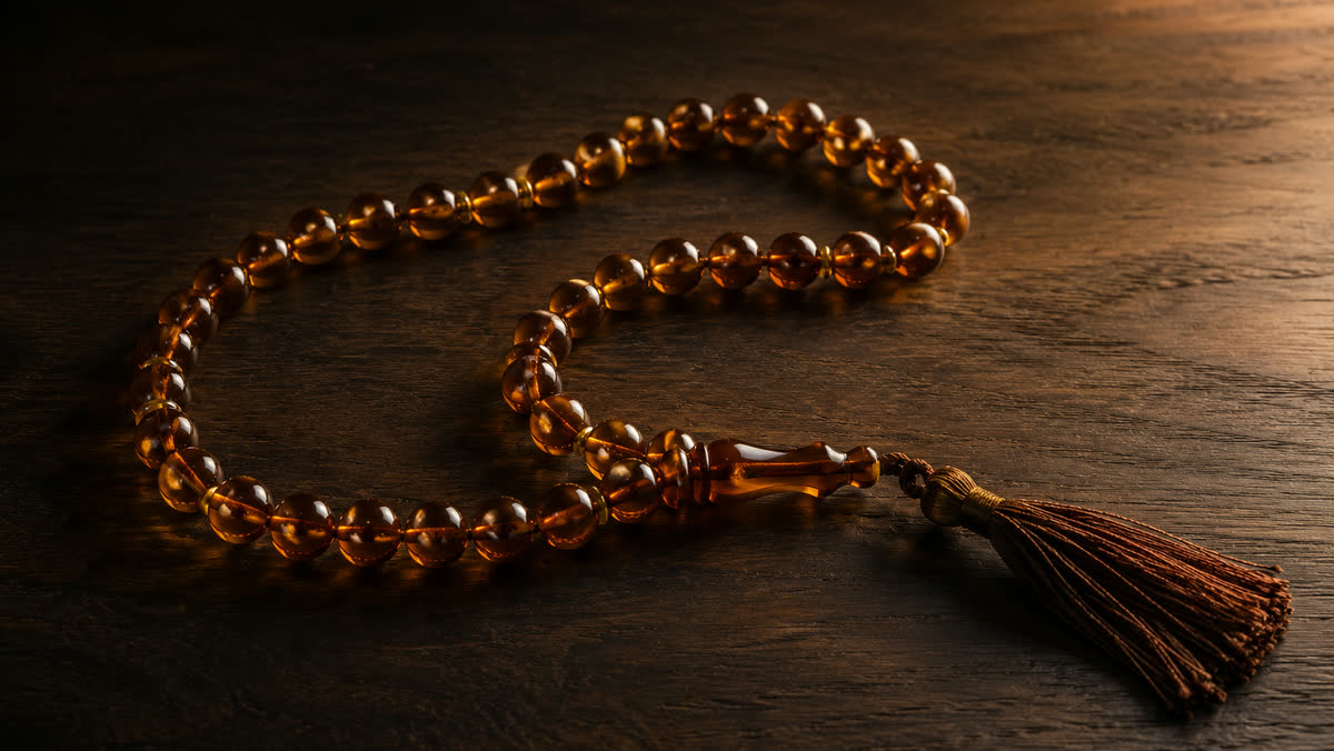Cognac-Bernstein-Tasbih-Gebetskette mit 33 transparenten kugelförmigen Perlen und Seiden-Quaste, locker geschwungen auf dunklem Walnussholz, warmes Seitenlicht