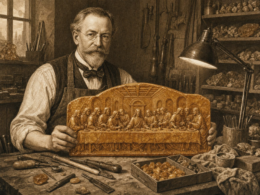 Alfred Schlegge at the workbench with his amber altar of the Last Supper, digital illustration in the style of a copper engraving
