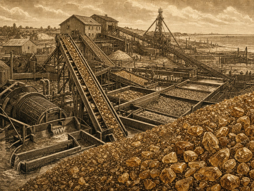 Soviet amber combine with industrial extraction and sorting halls on the Samland coast, digital illustration in the style of a copper engraving