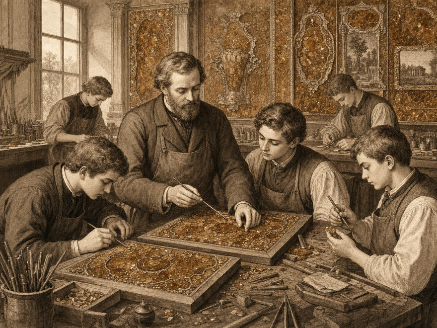 Apprentices learning amber panel restoration in the training workshop at Tsarskoye Selo, digital illustration in the style of a copper engraving