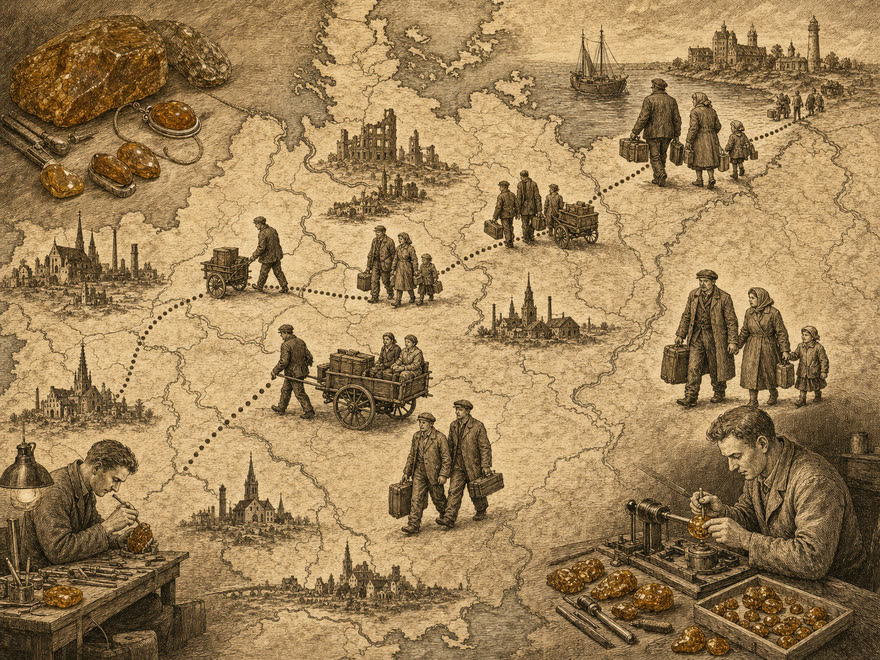 Map plate of the westward migration of the amber masters in post-war Germany, digital illustration in the style of a copper engraving