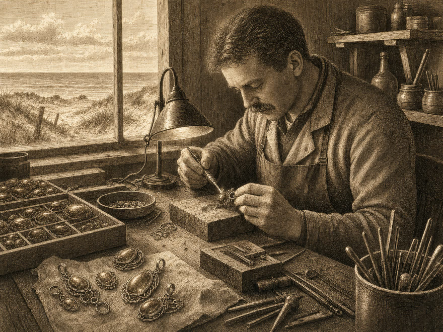 Private Fischland jewellery workshop of the Kramer family after 1945, silversmith at the workbench, digital illustration in the style of a copper engraving