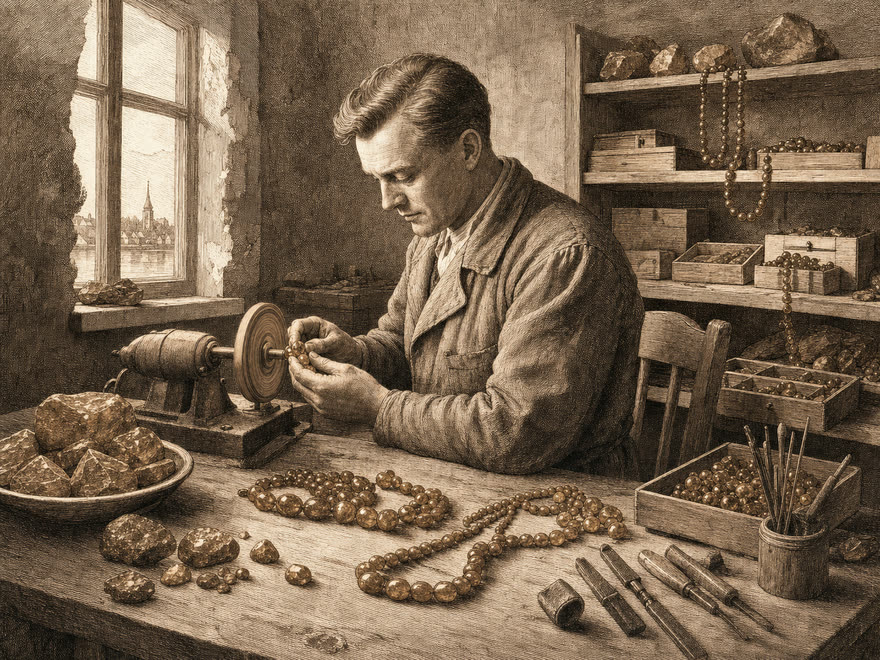 Modest amber jewellery workshop in Ribnitz making a fresh start after 1945, digital illustration in the style of a copper engraving