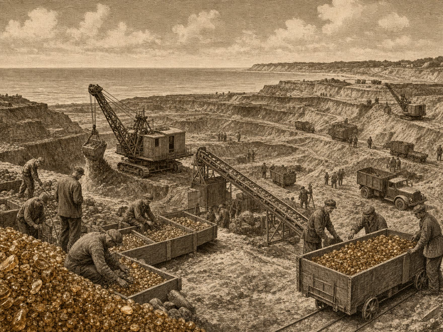 Open-cast amber mine at Palmnicken (Yantarny) on the Samland coast under Soviet administration, digital illustration in the style of a copper engraving