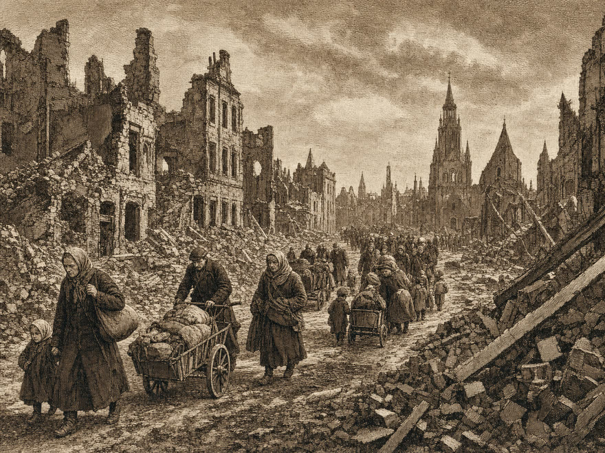 Destroyed Königsberg in 1945, rubble and a refugee trek in ruined streets, digital illustration in the style of a copper engraving
