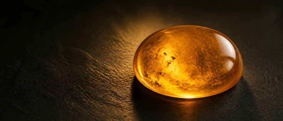 Honigfarbener Naturbernstein-Cabochon mit charakteristischer innerer Wolkenstruktur und Restpatina auf dunklem Schiefer, unbehandelt, klassische baltische Sammler-Qualität