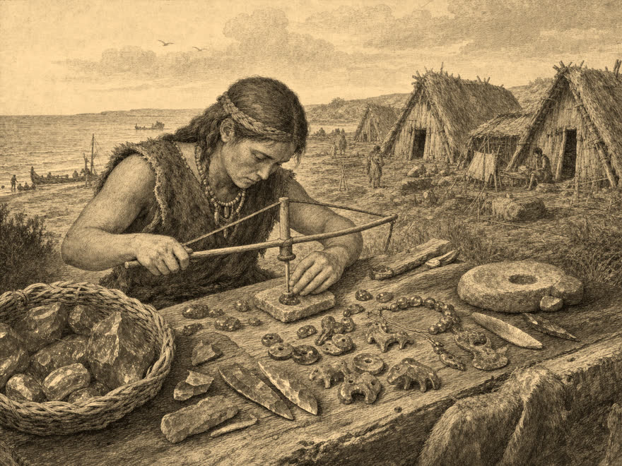Neolithische Bernstein-Werkstatt: Steinzeit-Mensch bohrt Bernstein-Perlen und Tier-Amulette mit Fiedelbohrer, um 4000 v. Chr., digitale Illustration im Kupferstich-Stil