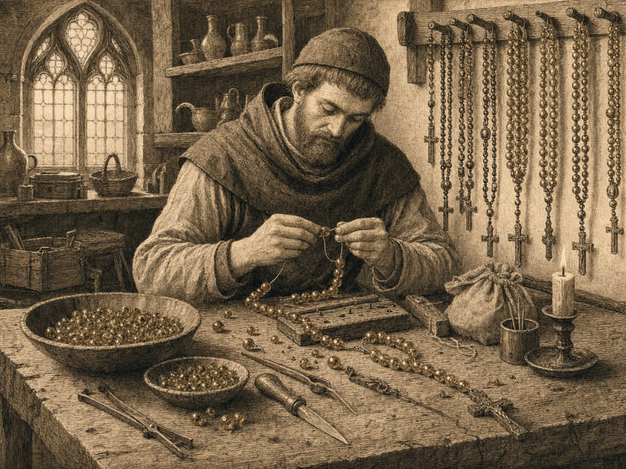 Mittelalterlicher Paternostermacher fädelt Bernstein-Rosenkränze in gotischer Werkstatt, um 1300, digitale Illustration im Kupferstich-Stil