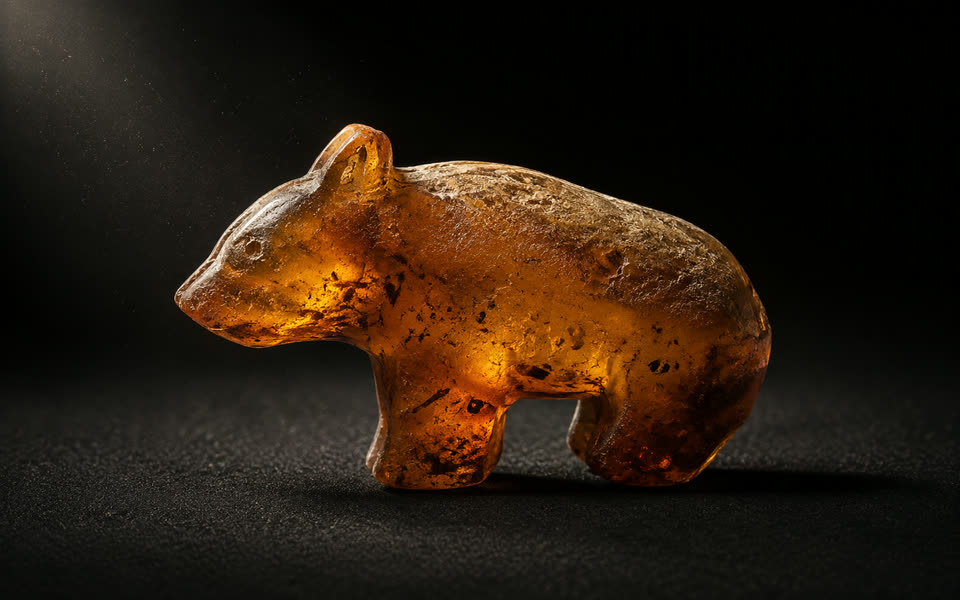 Mesolithic Maglemose-period amber bear figurine, c. 5000 BC, honey-cognac coloured amber sculpture with hand-cut tool marks, dramatic studio raking light on black velvet ground, the earliest tangible point of the Baltic amber craft tradition.