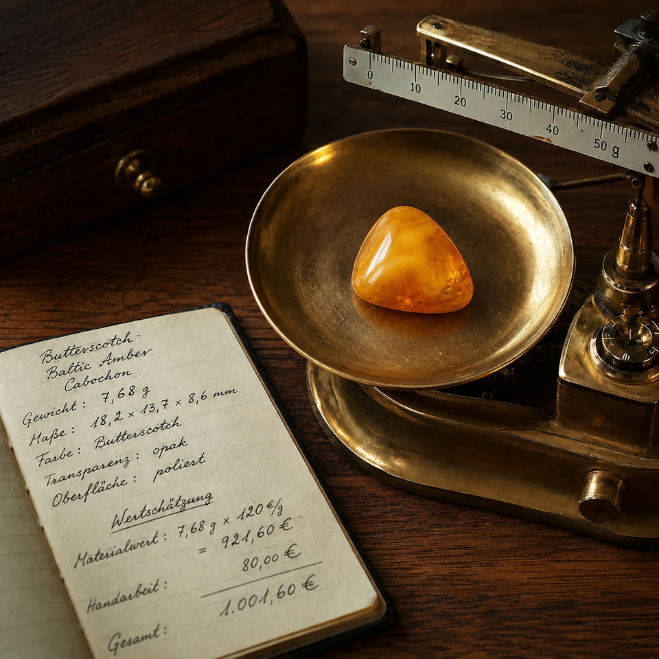 Antike Messingwaage mit Butterscotch-Bernstein-Cabochon auf der Wägeschale, daneben handschriftliches Bewertungs-Notizbuch mit Materialdaten und beispielhafter Wertschätzungs-Berechnung, sammlerische Bewertungspraxis (Symbolbild)