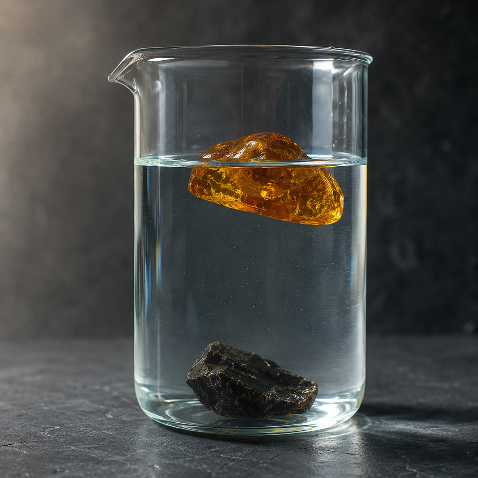 Salzwasser-Dichte-Test im Studio, klares Glasgefäß mit gesättigter Salzlösung, in der ein honig-cognacfarbenes Bernsteinstück oben schwimmt, während ein ähnlich großes Stück Plastik-Imitat am Boden liegt, vor dunklem Schiefer-Hintergrund