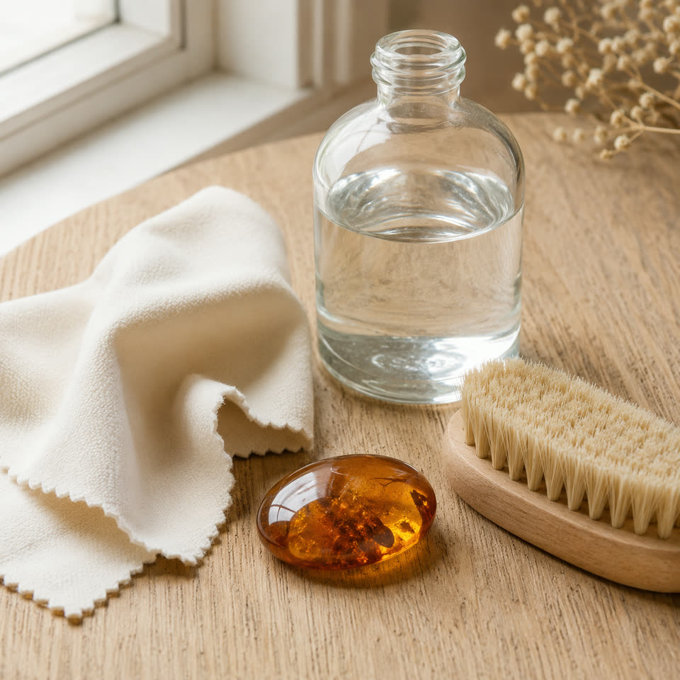 Stillleben zur Bernstein-Pflege, cremeweißes Mikrofasertuch, klare Glaskaraffe mit destilliertem Wasser, polierter Cognac-Bernstein-Cabochon und Naturborsten-Holzbürste auf hellem Eichenholz vor Fensterlicht
