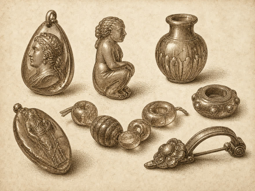 Römische Bernstein-Objekte aus Aquileia: Anhänger, Figur, Perlen und Fibel als Museumstafel, digitale Illustration im Kupferstich-Stil
