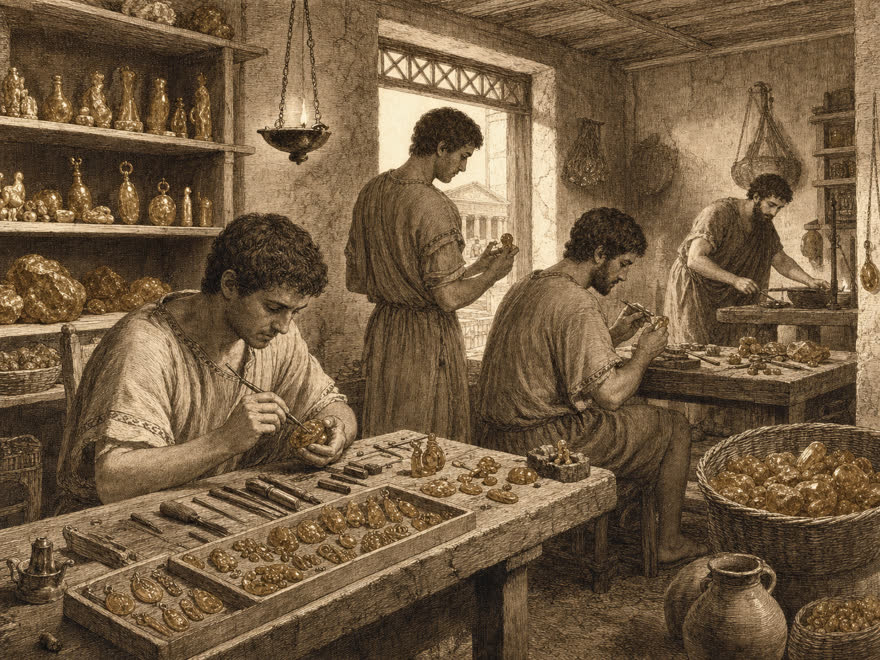 Römische Bernstein-Werkstatt in Aquileia: Handwerker schnitzen Anhänger und Figuren aus Bernstein, digitale Illustration im Kupferstich-Stil