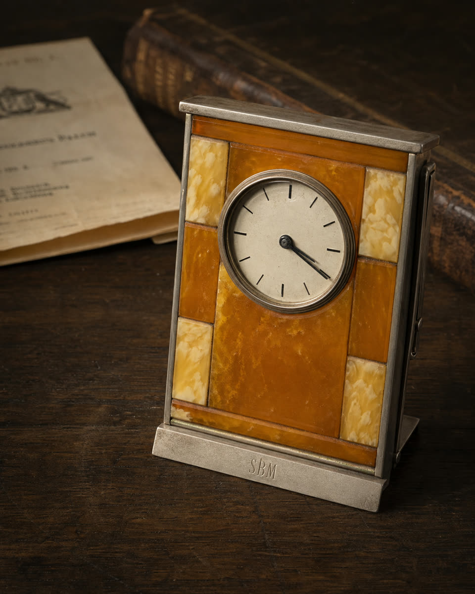 SBM-Reiseuhr um 1934 in Werkbund-Silberfassung mit Bernstein-Plaketten und einfacher Email-Zifferblatt
