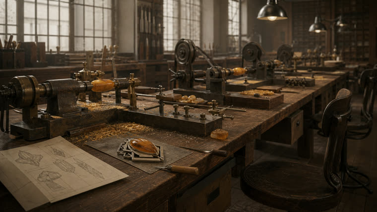 SBM-Drechsler-Werkstatt in den 1930ern, Hand an Spezial-Bernsteindrehbank