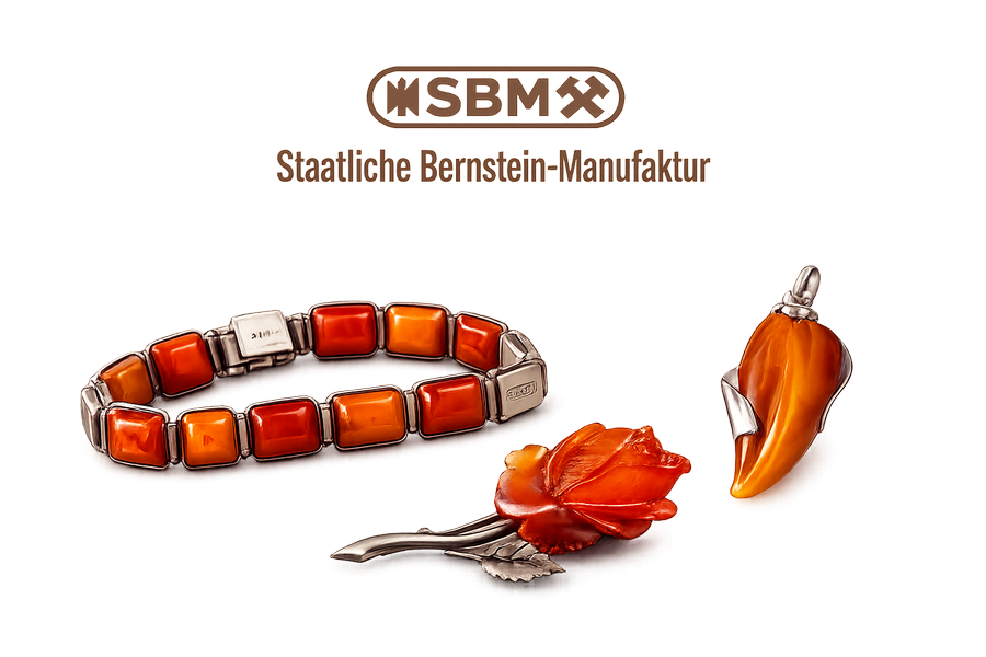 Representative SBM jewellery pieces: rose brooch, leaf brooch and a flat-link amber bracelet.
