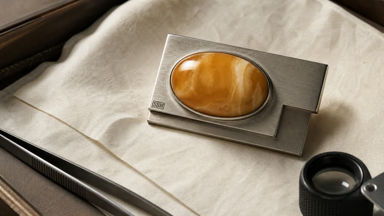 Brachert-Brosche von 1935 mit Bauhaus-geometrischer Silberfassung und Bernstein-Cabochon