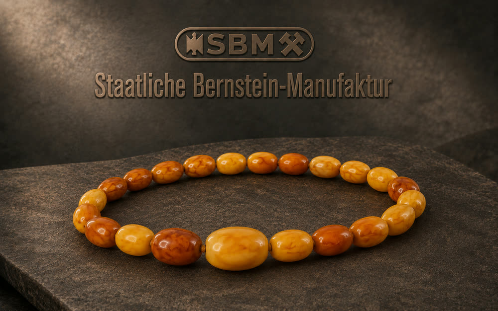 Macro photograph of an SBM olive-bead necklace in uniform butterscotch-grade baltic amber.