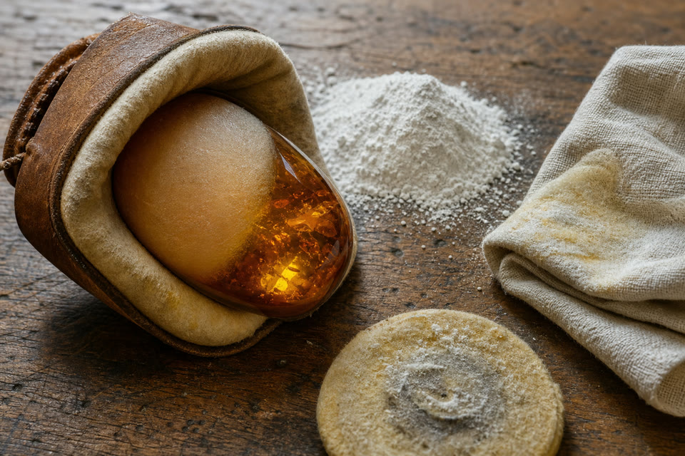 Traditionelle Bernstein-Handpolitur: ein halbpolierter Bernstein-Cabochon, Schl&auml;mmkreide, Leinent&uuml;cher und eine Filzscheibe auf altem Holz