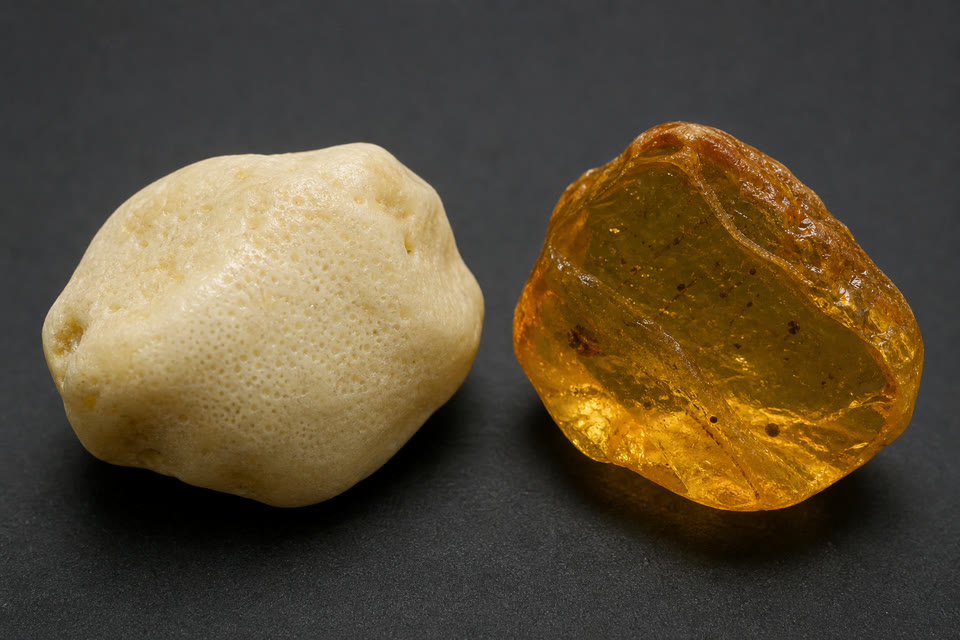 Makroaufnahme: links ein milchig-wei&szlig;er, knochenfarbener Bernstein (Wei&szlig;bernstein), rechts ein durchscheinend honiggoldener Bernstein zum Vergleich