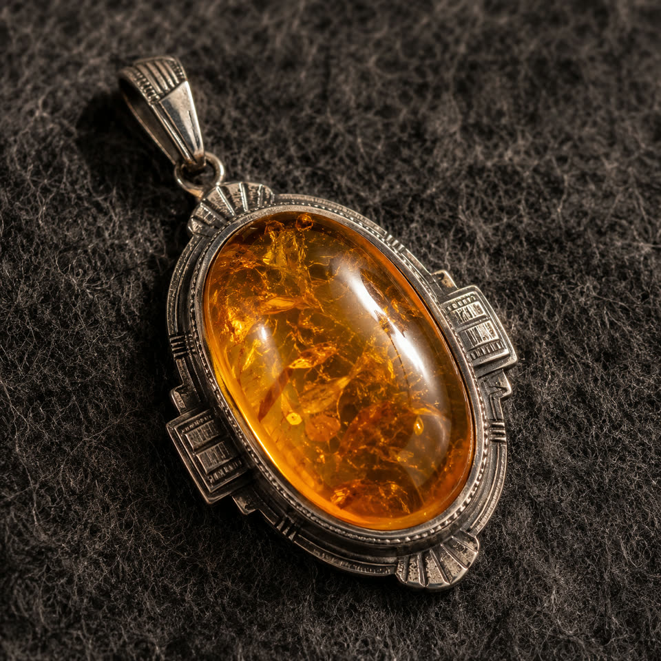 Antiker Bernstein-Anhänger, großer ovaler Cognac-Bernstein-Cabochon mit feinem Inklusen-Muster in detailreicher Art-Deco-Silberfassung mit eingravierten Reliefs an den Seiten, auf dunkelgrauem Wollfilz präsentiert