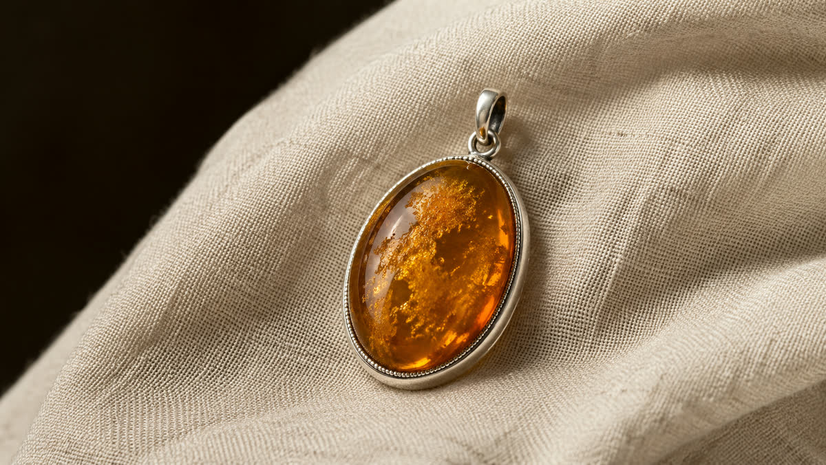 Antiker ovaler Honig-Bernstein-Cabochon in glatter polierter Silber-925-Lünette mit zartem Millegrain-Rand, schlichter Silberbügel, auf cremefarbenem Leinen