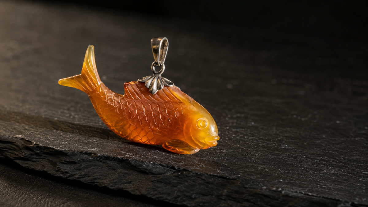 Aus massivem butterscotch-Honig-Bernstein geschnitzter Fisch-Anhänger mit detailliert herausgearbeiteten Schuppen und Flossen, kleiner Silberbügel oben, auf dunklem Schiefer