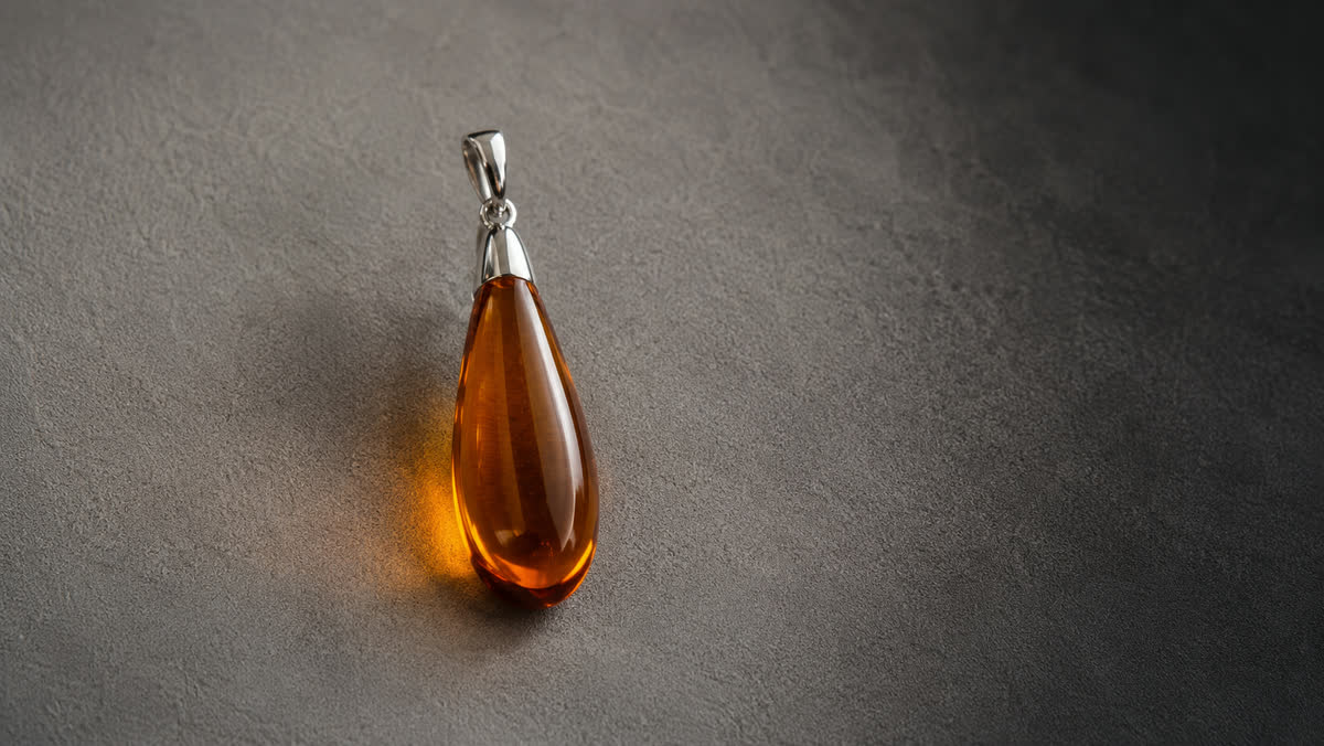 Lang gestreckter polierter Cognac-Bernstein-Tropfen mit klarer Innentransparenz, sauber gefasst mit Silber-925-Kappe und schlankem Bügel, auf kühlem grauem Velours