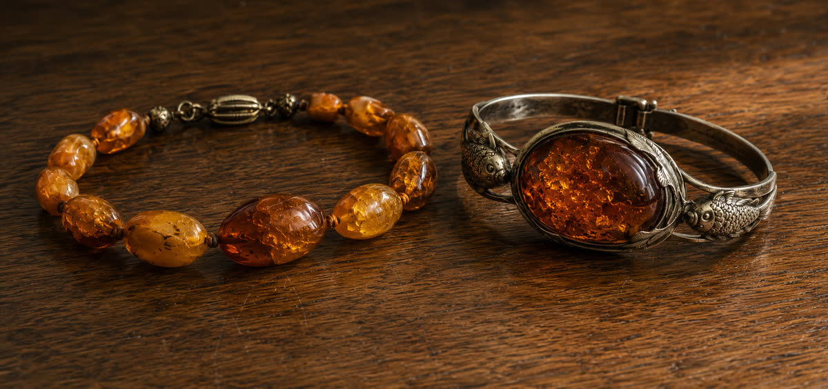 Zwei antike Bernstein-Armbänder nebeneinander auf warmem Nussbaumholz, links ein graduiertes Cognac-Bernstein-Perlenarmband mit Originalverschluss, rechts ein Fischland-Silberarmband der Kramer-Schule mit ovalem Cabochon und Fisch-Motiven in der Silberfassung