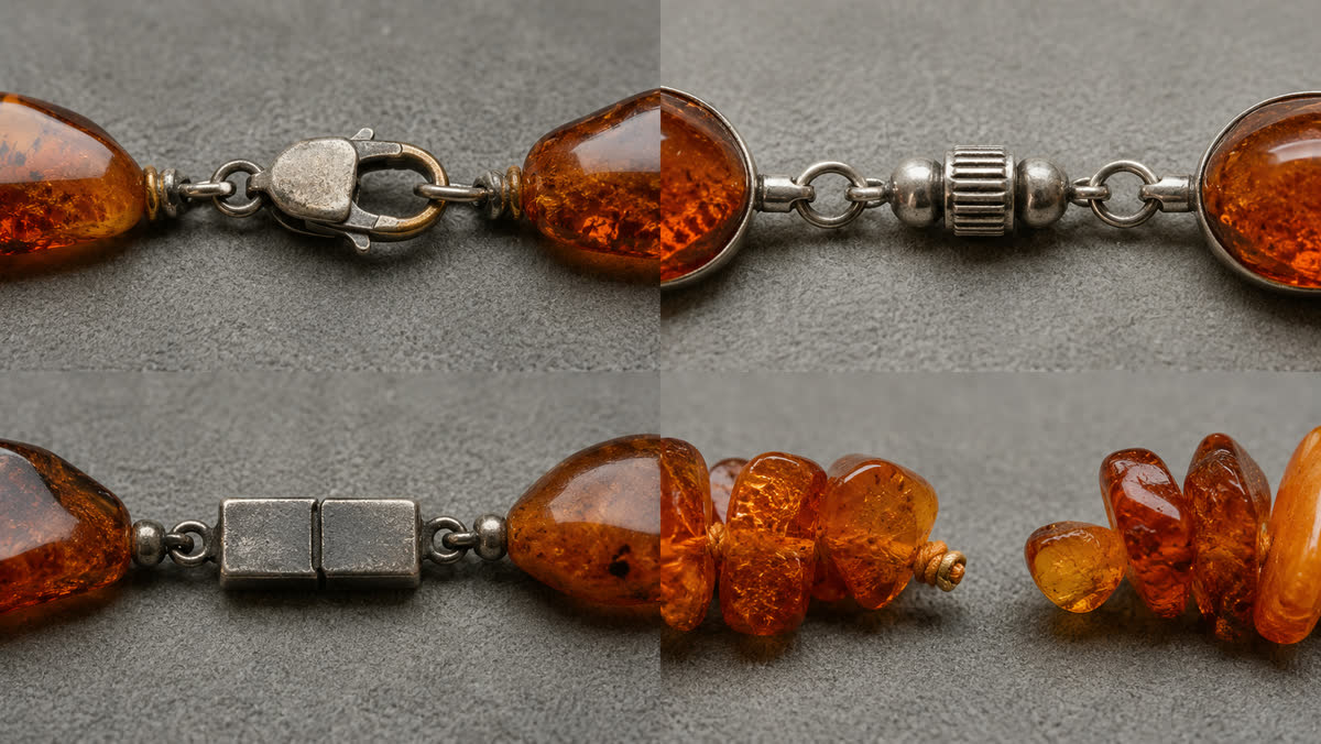 Makro-Vergleich vier Verschluss-Mechanismen für Bernstein-Armbänder im 2×2-Raster: Silber-Karabiner mit Patina, klassischer Schraub-Verschluss, oxidierter Magnet-Verschluss und Elastik-Faden ohne Schließe