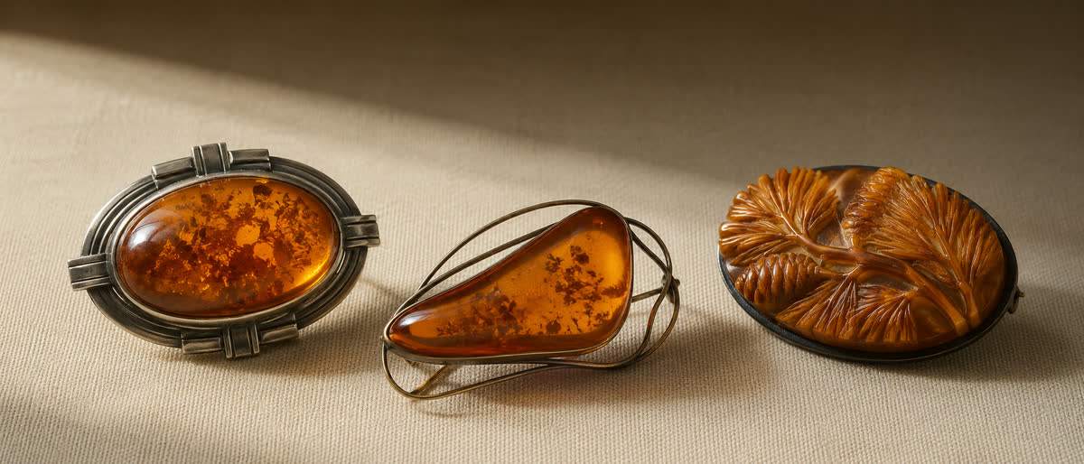 Drei antike Bernsteinbroschen auf cremefarbenem Leinen, Art-Deco-Silberfassung mit ovalem Cabochon, organisch-moderne Brachert-Form mit Drahtfassung, geschnitzte Pinien-Relief-Brosche