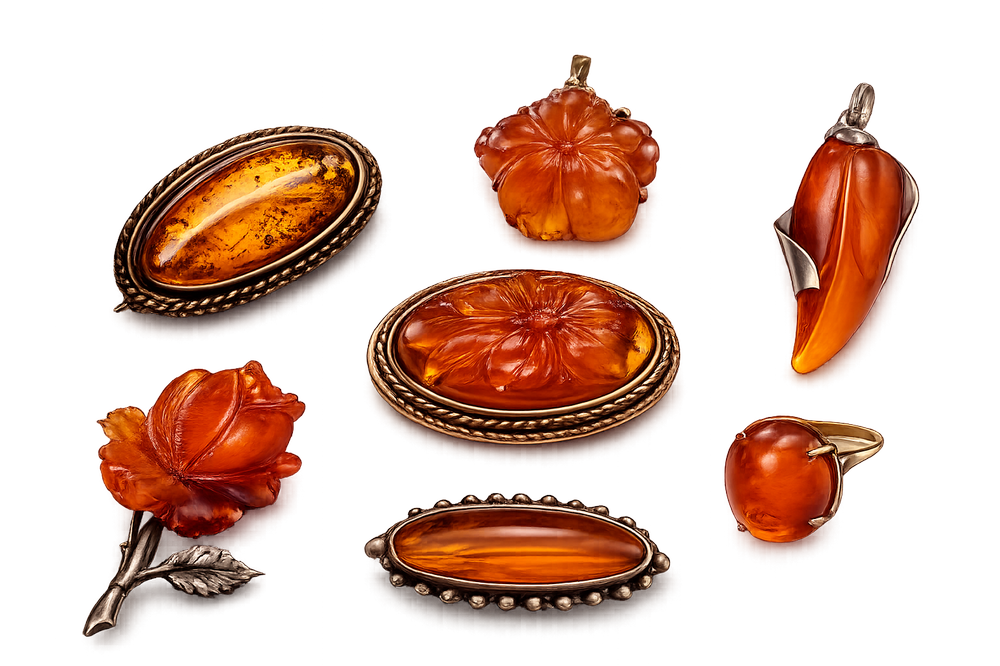 Sammlung antiker baltischer Bernstein-Schmuckstücke, sieben Cabochon- und Cameo-Broschen, Rosen-Brosche, Anhänger und Ring in Honig- und Cognac-Tönen, freigestellt, aus Marcel Querls Sammler-Bestand