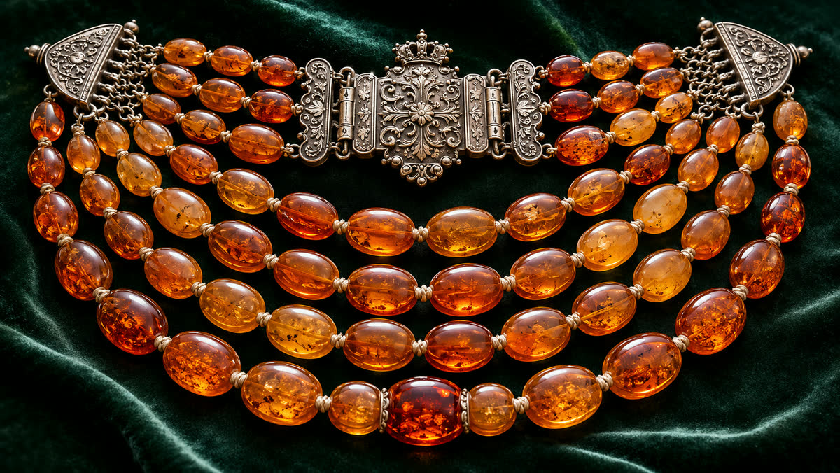 Vielreihige antike Hochzeitskette nach Bückeburger Art flach auf dunkelgrünem Velours ausgelegt, vier bis fünf Reihen graduierter cognac- und butterscotchfarbener oval Bernsteinperlen, in der Mitte ein substantieller ornamentaler Silberverschluss mit Schaumburger Gravur