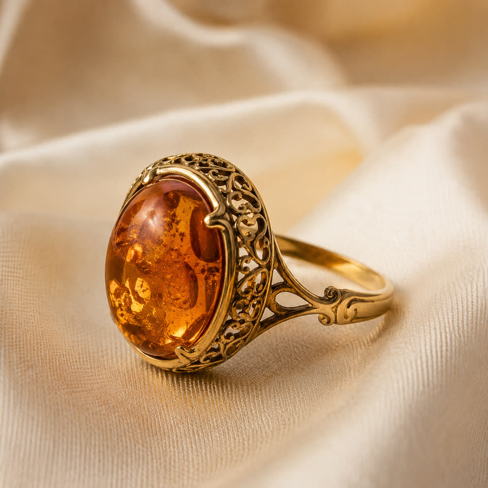Antiker Goldring mit großem ovalem Cognac-Bernstein in detailreicher Filigran-Fassung (585er Gold mit Patina), auf cremiger Seide präsentiert, Heirloom-Schmuck-Editorial