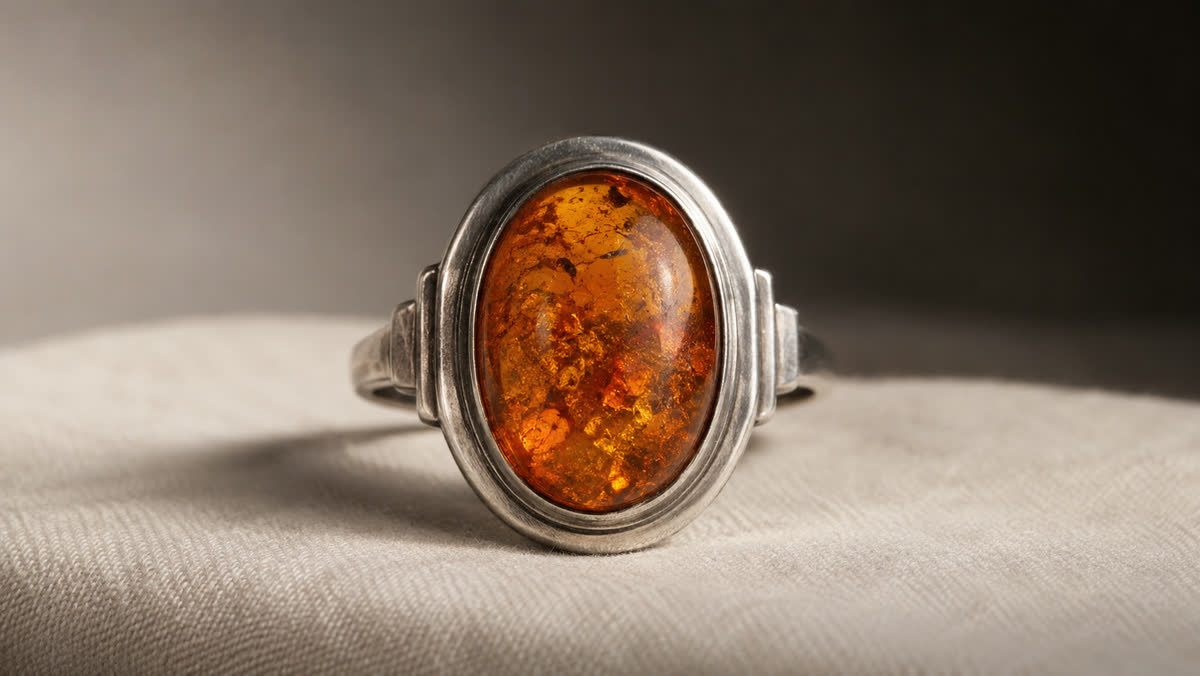 Antiker Bernsteinring 1930er Jahre, Silber 925 mit großem ovalem Honig-Cognac-Cabochon in klarer Art-Deco-Lünette mit gestuften Schultern, auf cremefarbenem Leinen