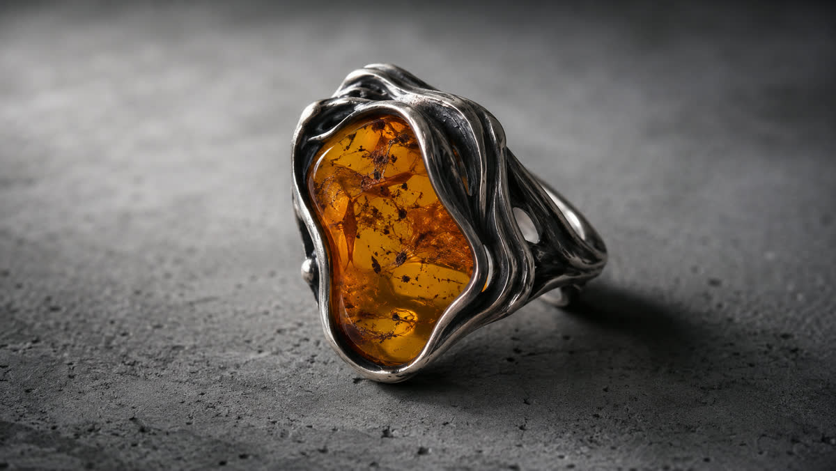 Zeitgenössischer polnischer Designer-Ring mit freigeformtem cognac-Bernstein in asymmetrischer oxidierter Silberfassung, die wie ein lebender Ast um den Stein fließt, auf grauem Beton