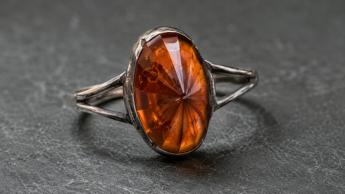 Seltener Königsberger Werkstatt-Ring vor 1945 mit handgeschliffener Sternfacette im polierten Cognac-Bernstein, patinierte Silber-Split-Shank-Fassung auf grauem Schiefer