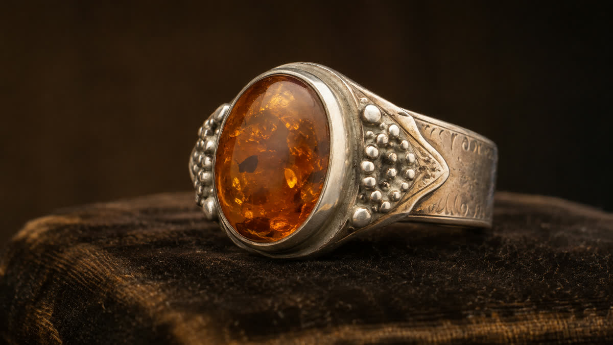 Antiker norddeutscher Trachten-Ring mit großem ovalem Honig-Bernstein-Cabochon in massiver Silberfassung, ornamentale Perlenwerk-Schultern und breites graviertes Band auf altem Velours